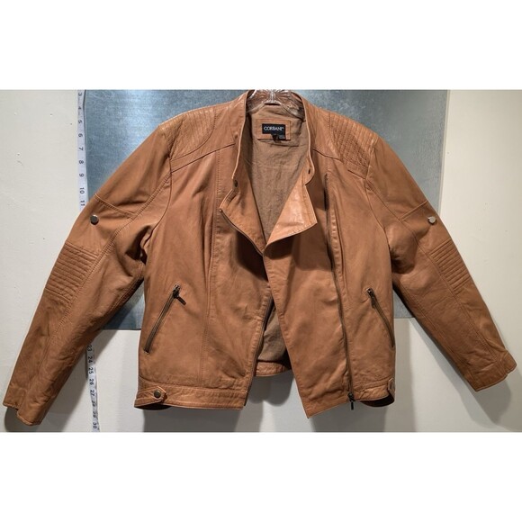Corbani Quilted Shoulder Brown Asymmetrical Leather Womens Moto Jacket Size XL - Picture 4 of 16